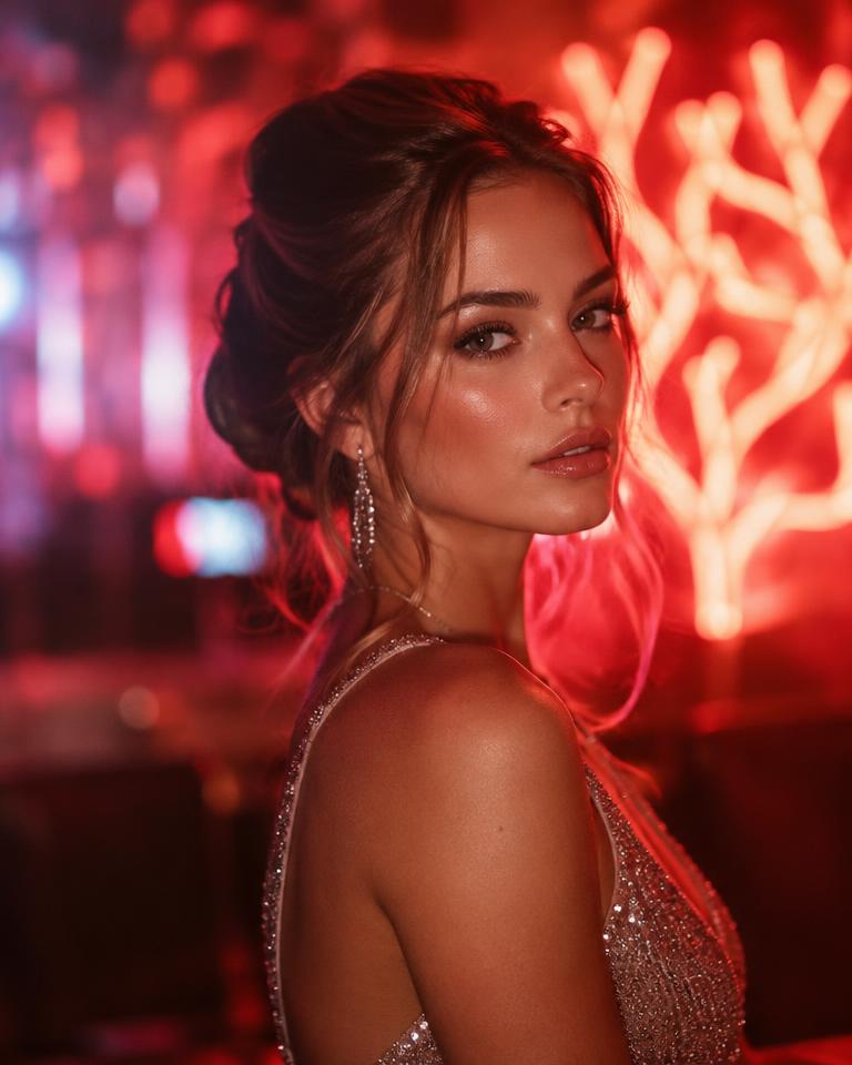 Portrait glamour d'une femme sous des néons corail, bokeh cinématographique, ultra détaillé