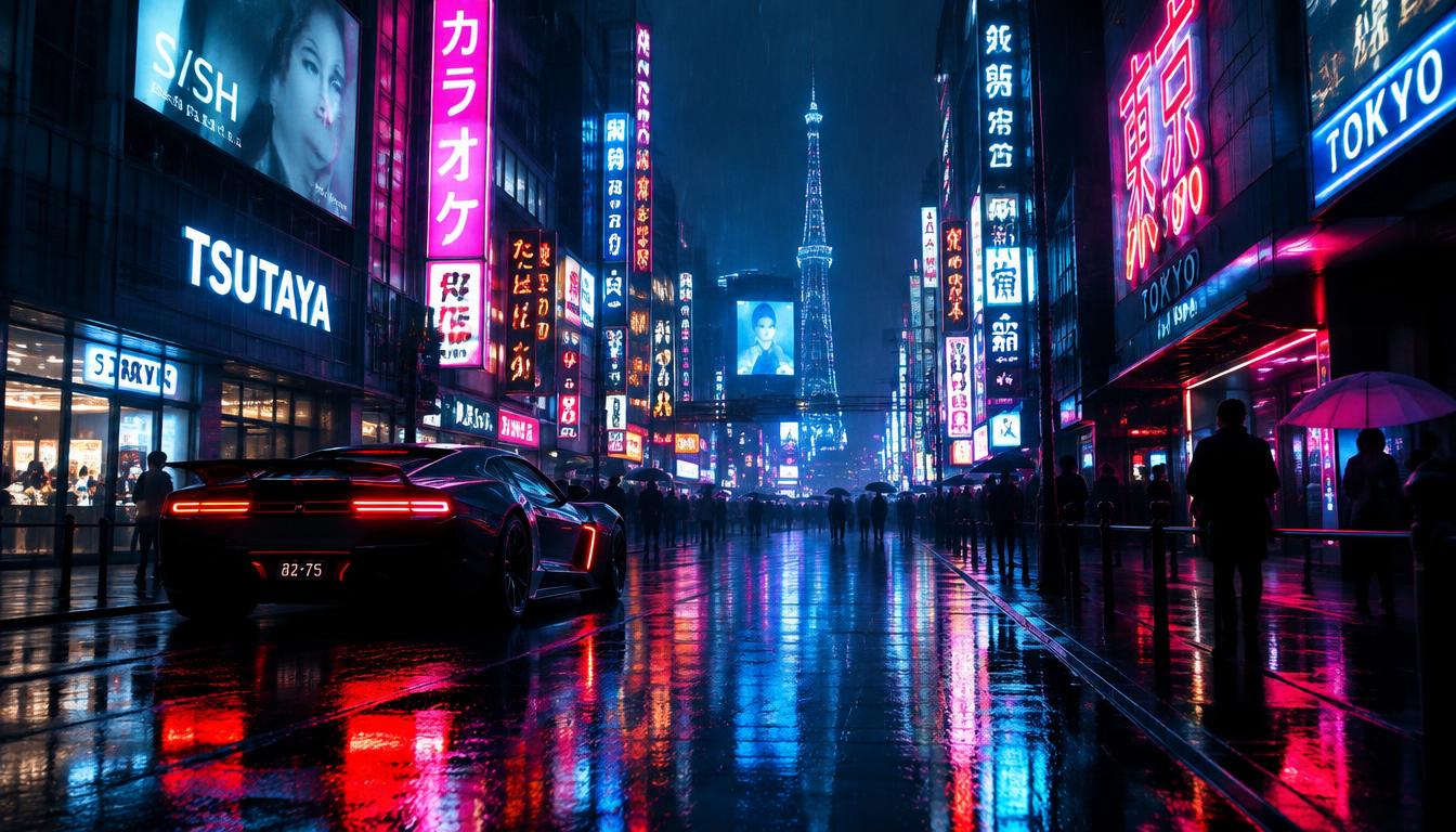 Rue de Tokyo la nuit sous la pluie, reflets néon, plan large cinéma