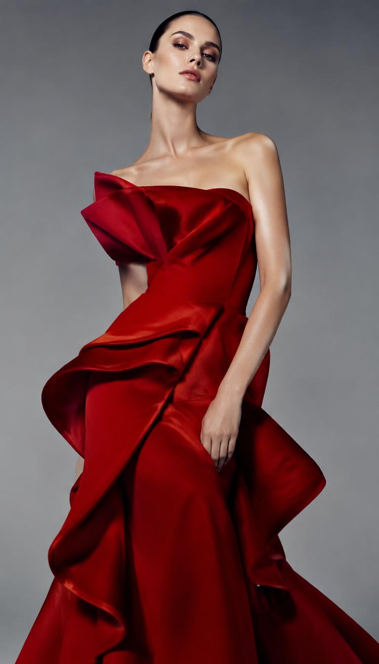 Mannequin en robe rouge sculpturale, éclairage studio, qualité magazine