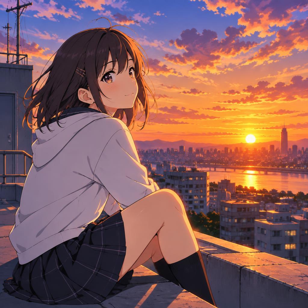 Jeune fille sur un toit au coucher du soleil, couleurs vives