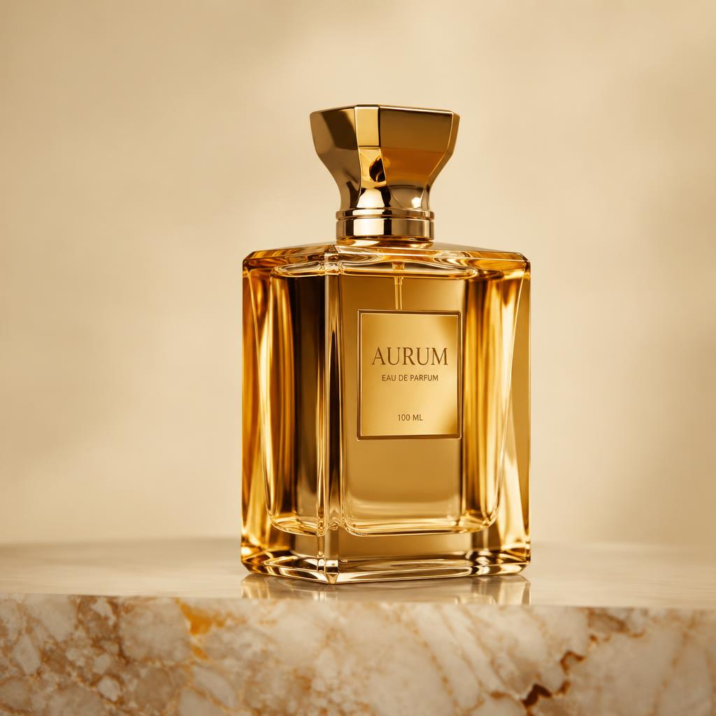 Flacon de parfum doré sur marbre, reflets doux, fond crème