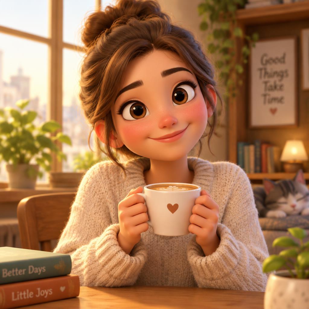 Personnage 3D mignon qui tient une tasse de café, lumière chaude
